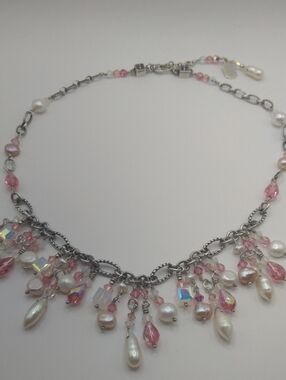 Tres Jolie Pearl & Pink Swarovski Crystal Fringe Necklace